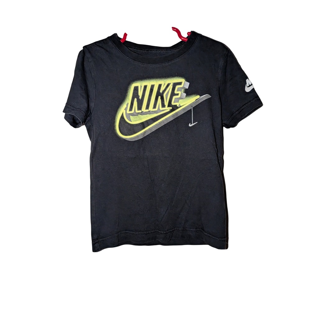 Nike Kids Black Neon Yellow Spray Paint Logo Graphic T-Shirt Size 4-5 YRS S